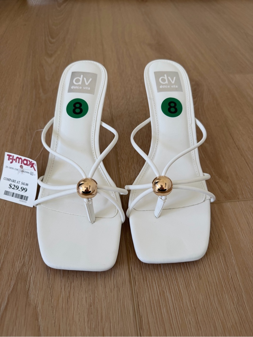 DV by Dolce Vita White Strappy Toe-Ring Sandals with Gold Orb Accent